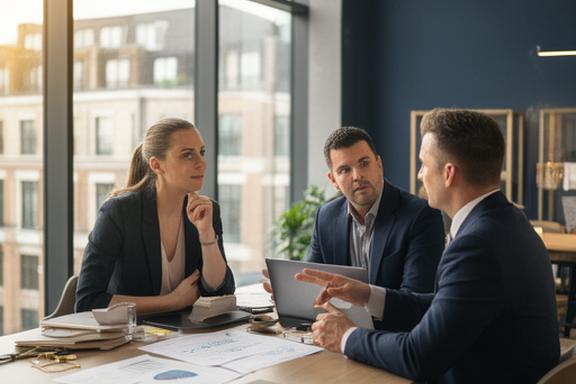 Two Irish entrepreneurs in a modern Dublin office discussing business strategy with an advisor, natural light streaming through large windows